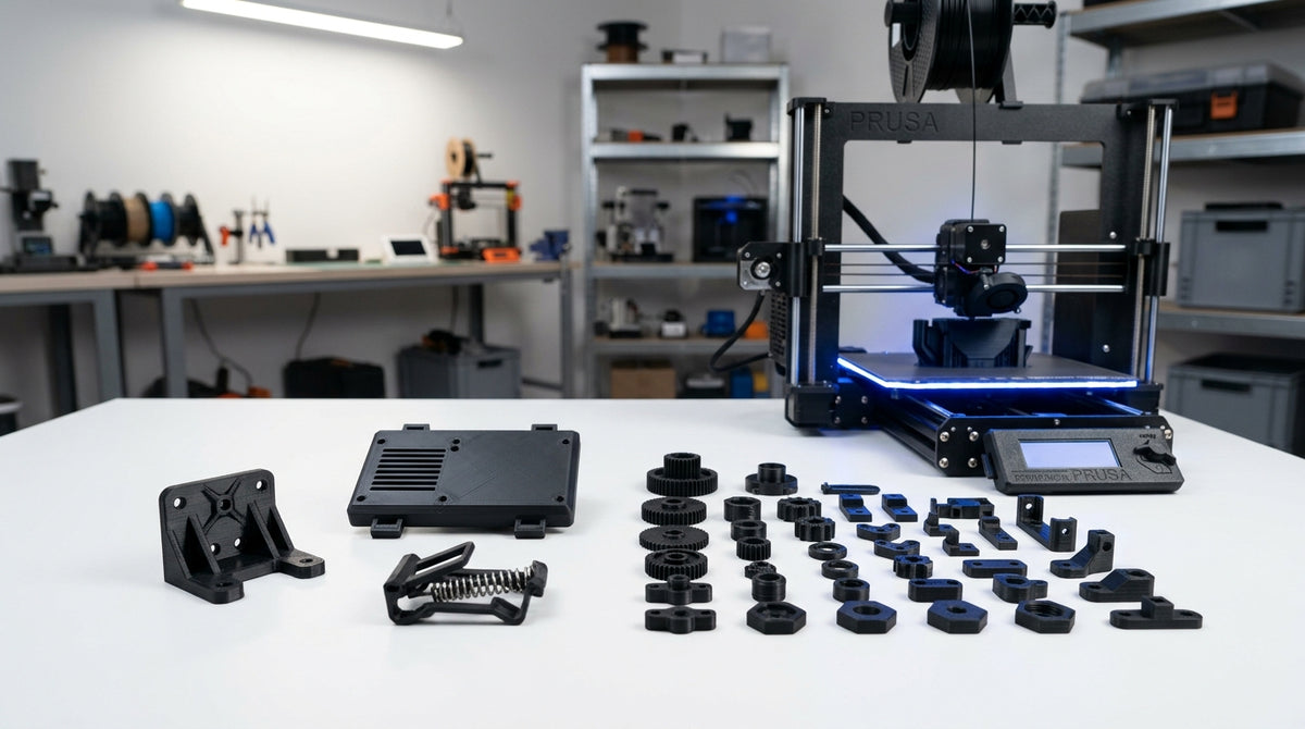 Präzise ABS-Kunststoff-Ersatzteile neben einem modernen 3D-Drucker – On-Demand-Fertigung in Kleinserie als Lösung der Ersatzteilkrise