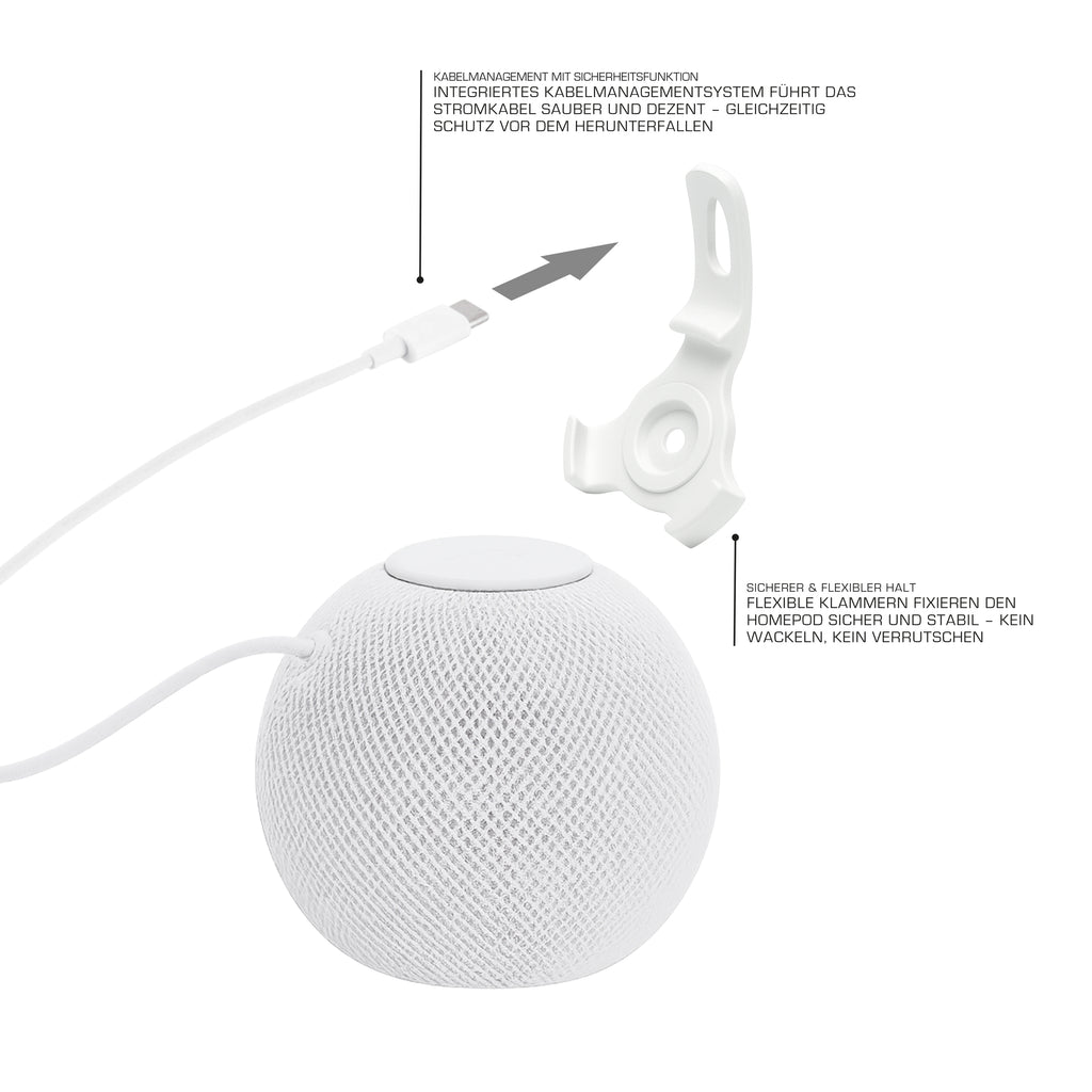 Ceiling Mount for HomePod mini – Stable Speaker Mount Made of ABS Plastic, Discreet Ceiling Installation with 3-Claw Clip, Cable-Friendly, incl. Screw & Wall Plug
