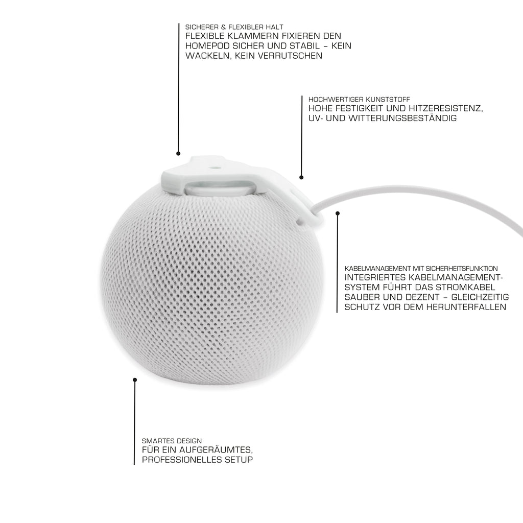 Ceiling Mount for HomePod mini – Stable Speaker Mount Made of ABS Plastic, Discreet Ceiling Installation with 3-Claw Clip, Cable-Friendly, incl. Screw & Wall Plug