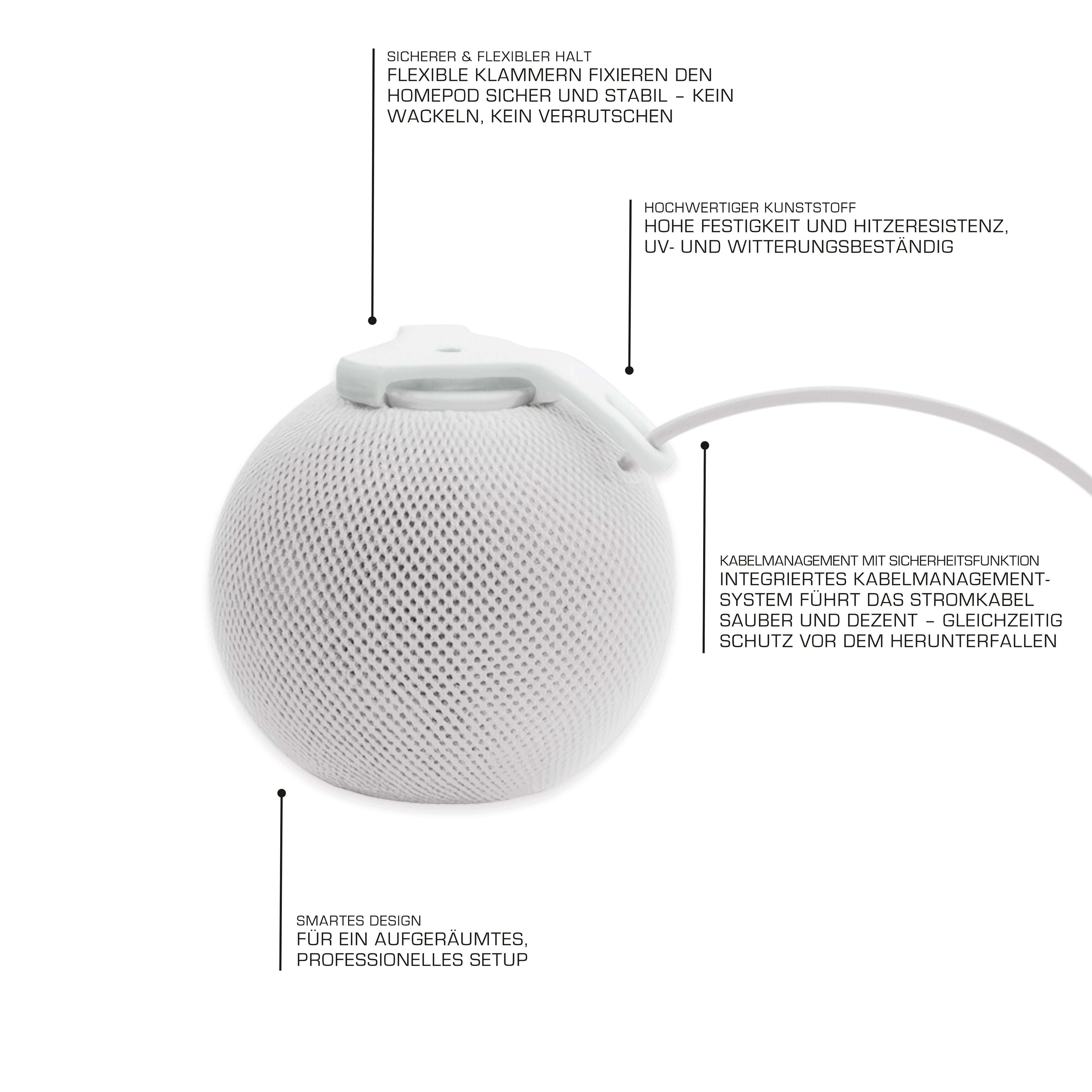 Ceiling Mount for HomePod mini – Stable Speaker Mount Made of ABS Plastic, Discreet Ceiling Installation with 3-Claw Clip, Cable-Friendly, incl. Screw & Wall Plug